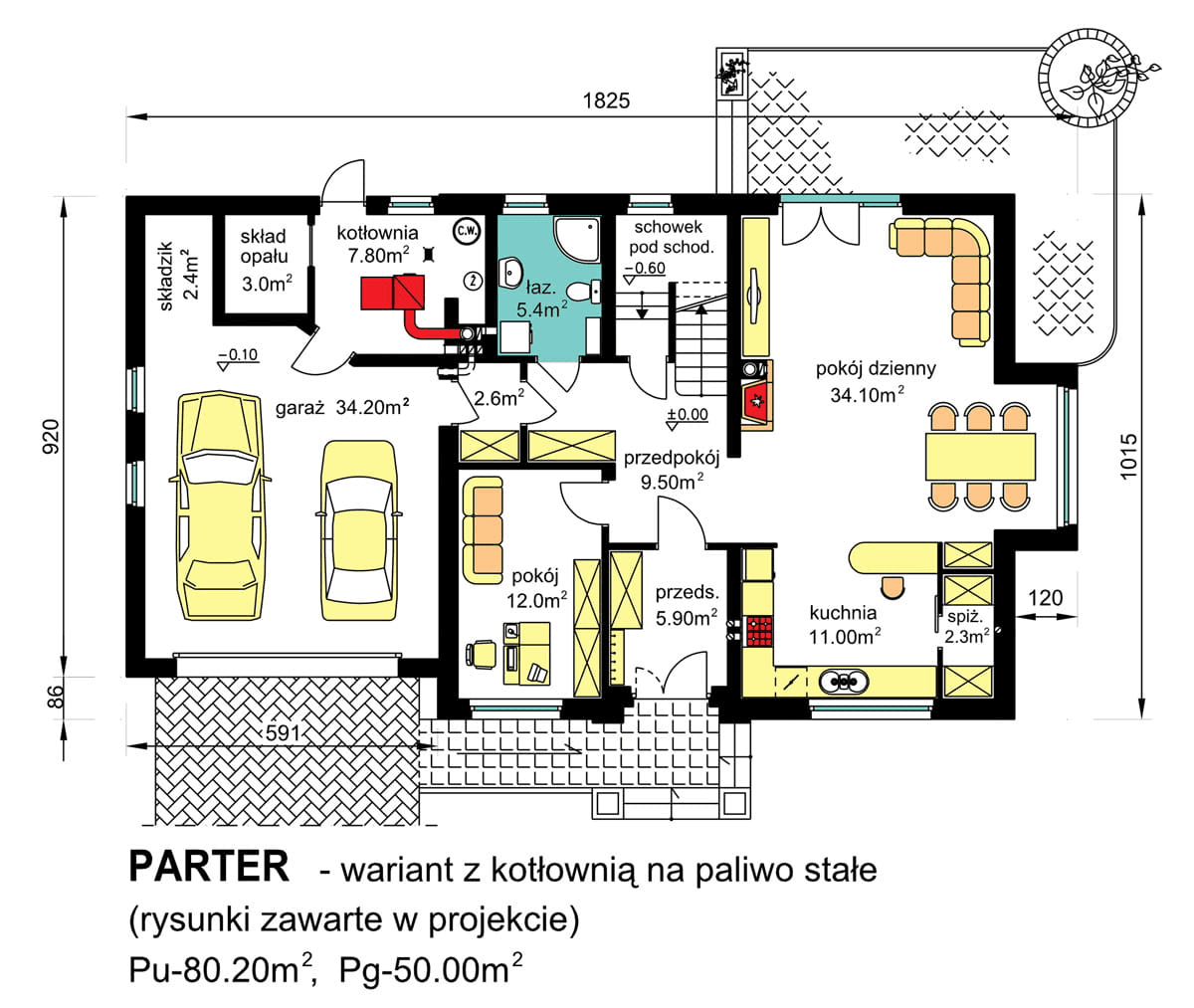 rzut parteru domu jednorodzinnego BW-27 wariant 2 - opcja z kotłownią na paliwo stałe