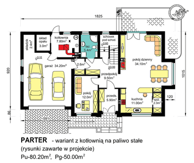 rzut parteru domu jednorodzinnego BW-27 wariant 2 - opcja z kotłownią na paliwo stałe