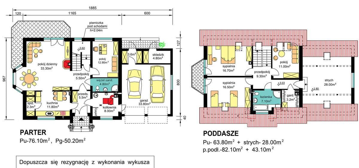 rzuty parteru oraz poddasza domu jednorodzinnego BW-27 wariant 3