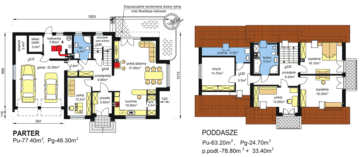 rzuty parteru oraz poddasza domu jednorodzinnego BW-27 z garażem 2 stanowiskowym