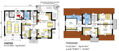rzuty parteru oraz poddasza domu jednorodzinnego BW-27 z garażem 2 stanowiskowym