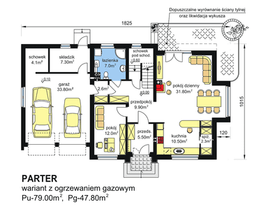 rzut parteru domu jednorodzinnego BW-27 z garażem 2 stanowiskowym - wariant z ogrzewaniem gazowym
