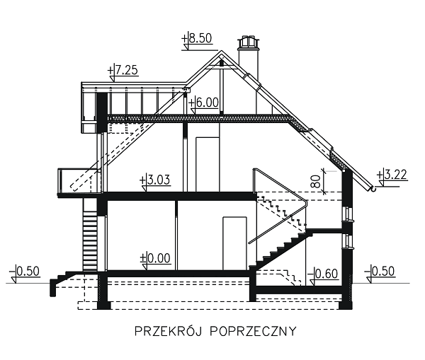 przekrój domu jednorodzinnego BW-27 z garażem 2 stanowiskowym