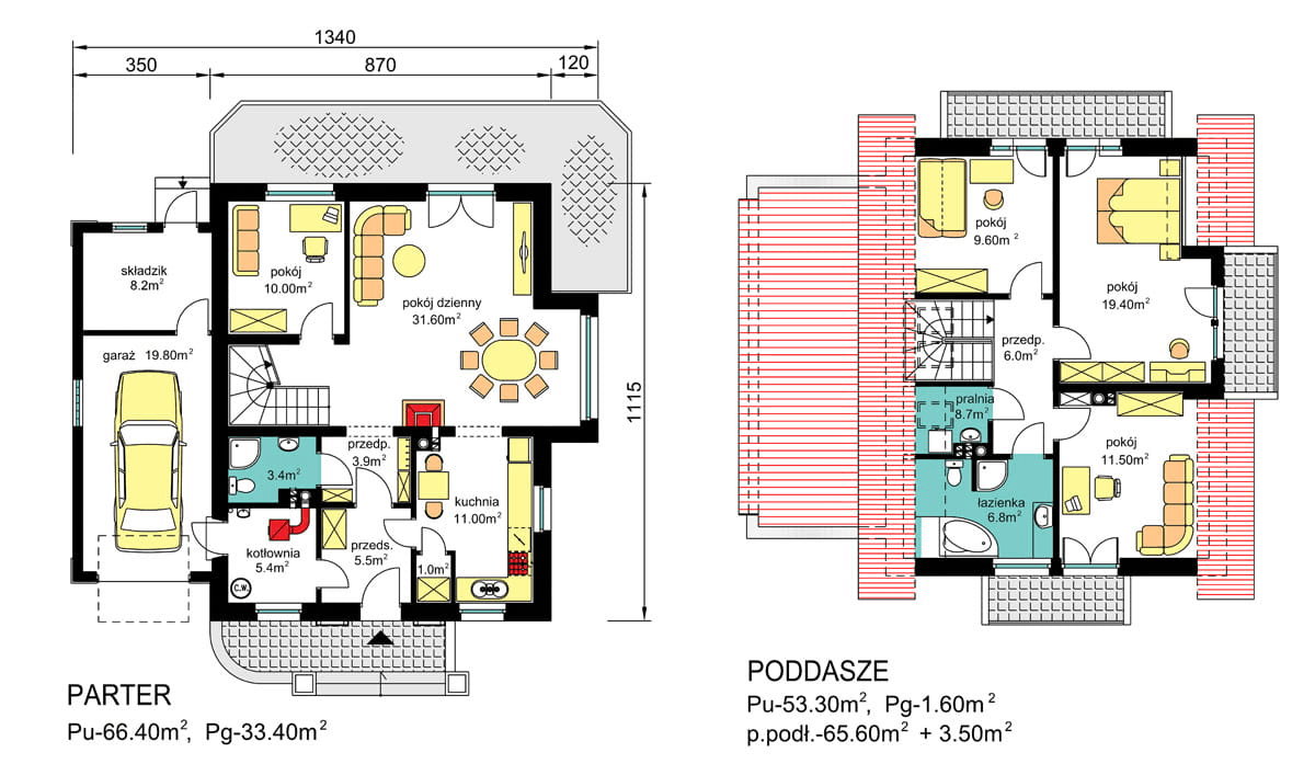 rzuty parteru oraz poddasza domu jednorodzinnego BW-31