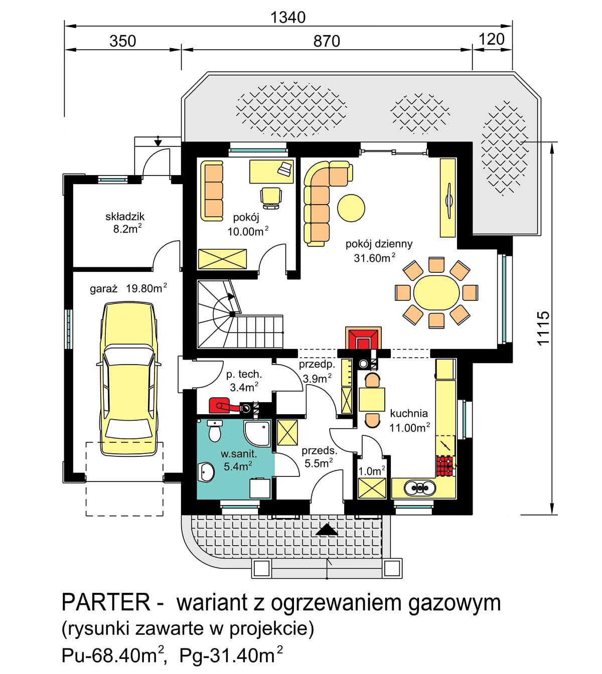 rzut parteru domu jednorodzinnego BW-31 wariant z ogrzewaniem gazowym