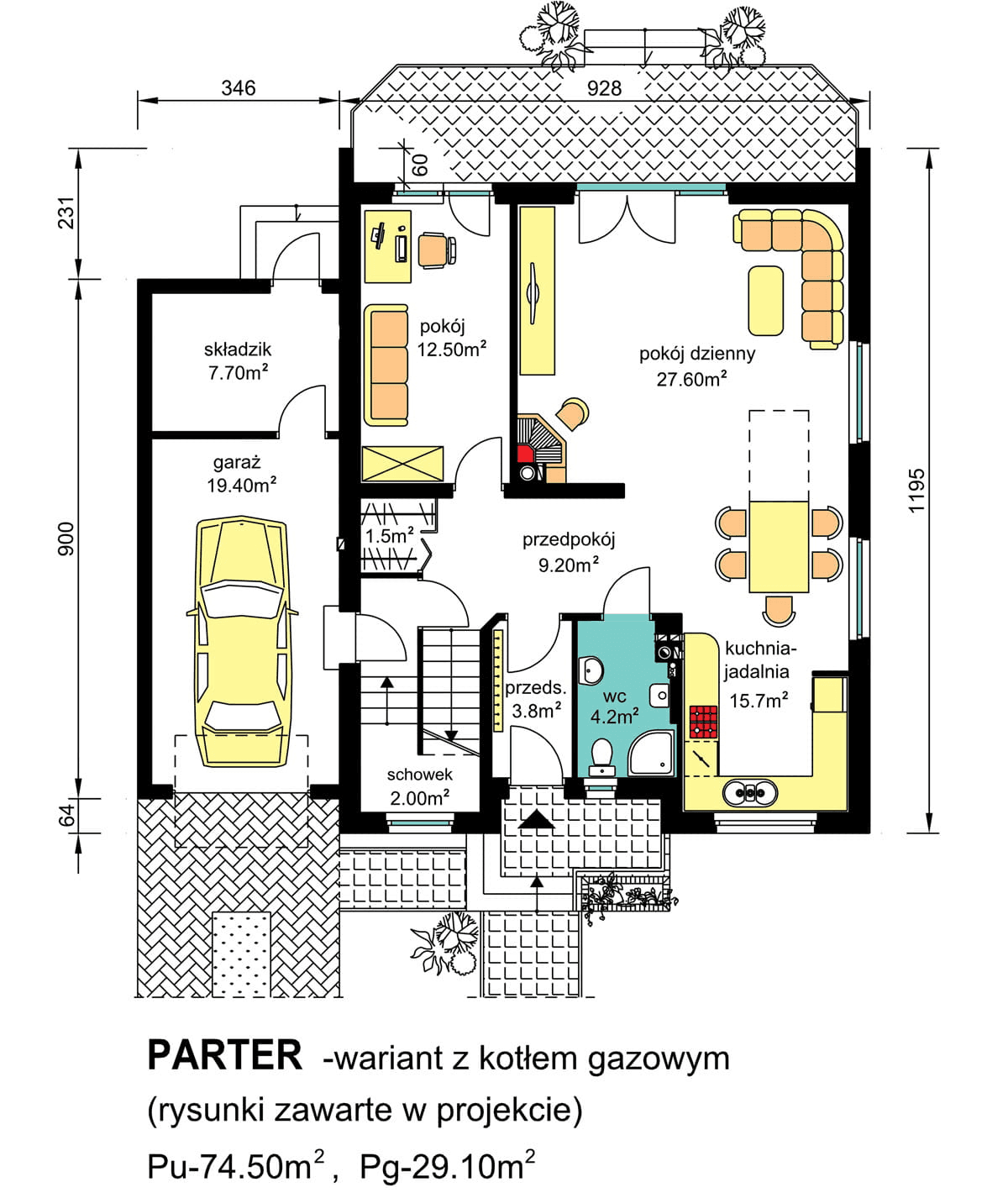 rzut parteru domu jednorodzinnego BW-32 wariant z kotłem gazowym