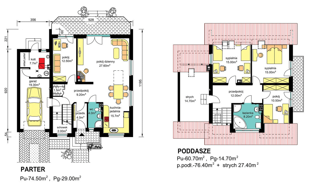 rzuty parteru oraz poddasza domu jednorodzinnego BW-32
