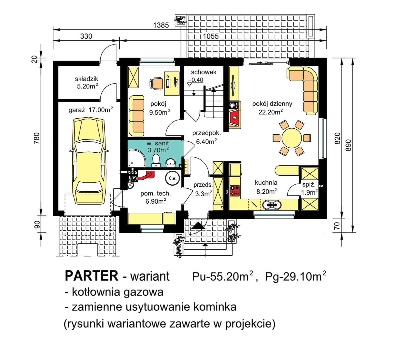 rzut parteru domu jednorodzinnego BW-36 wariant 1 - wariant z ogrzewaniem gazowym