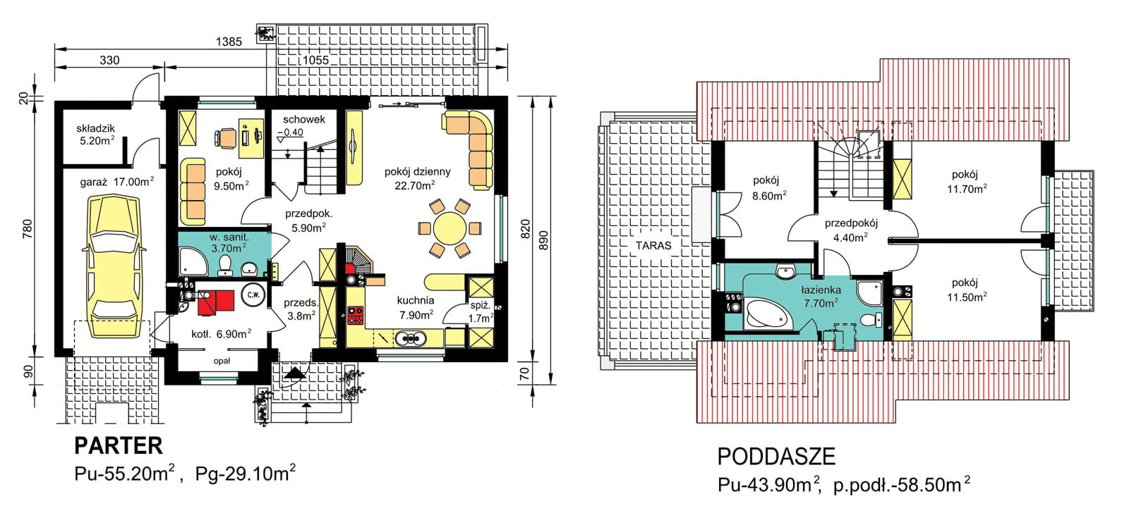 rzuty parteru oraz poddasza domu jednorodzinnego BW-36 wariant 1