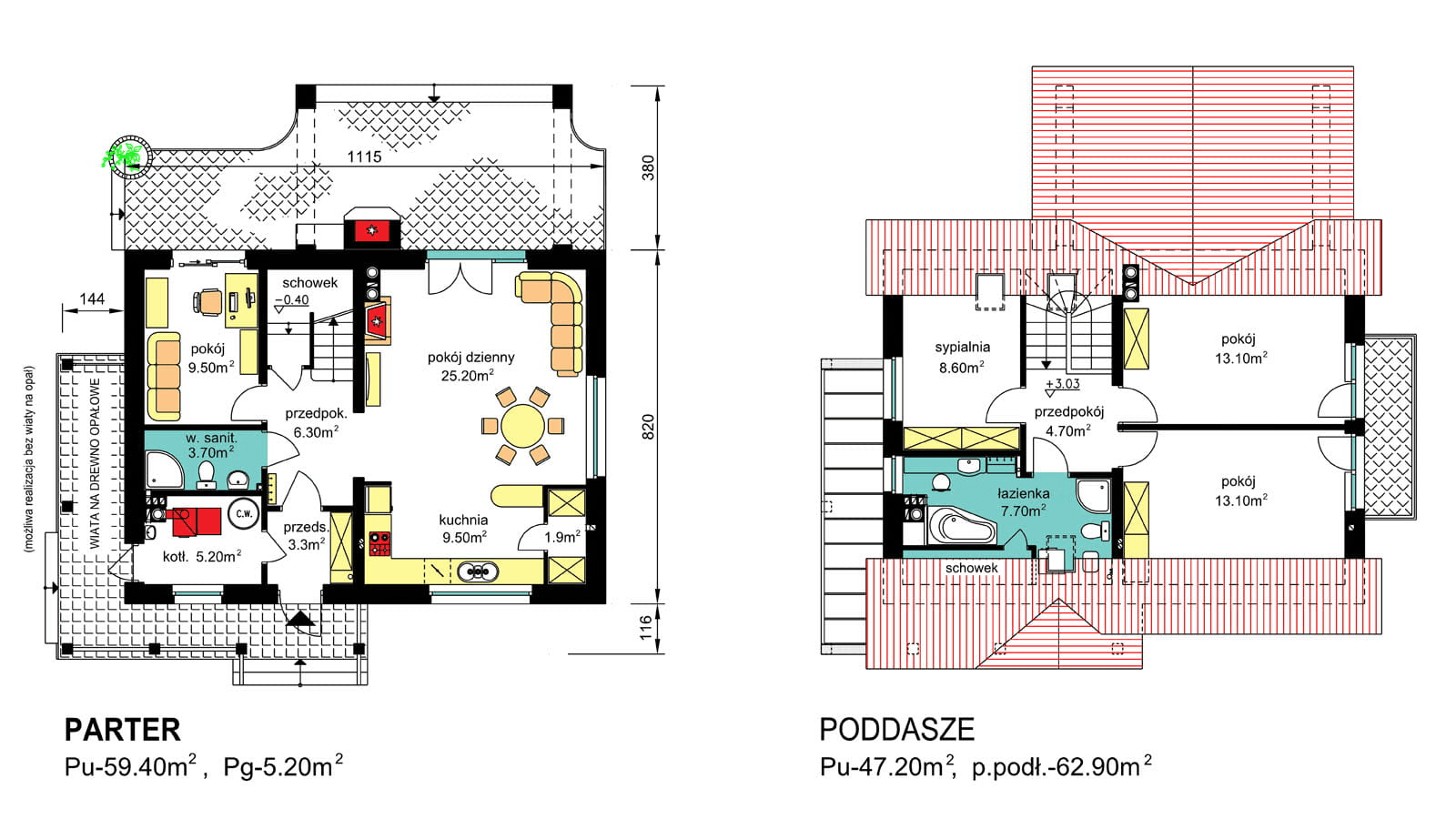 Rzuty parter/poddasze domu jednorodzinnego BW-36 wariant 15