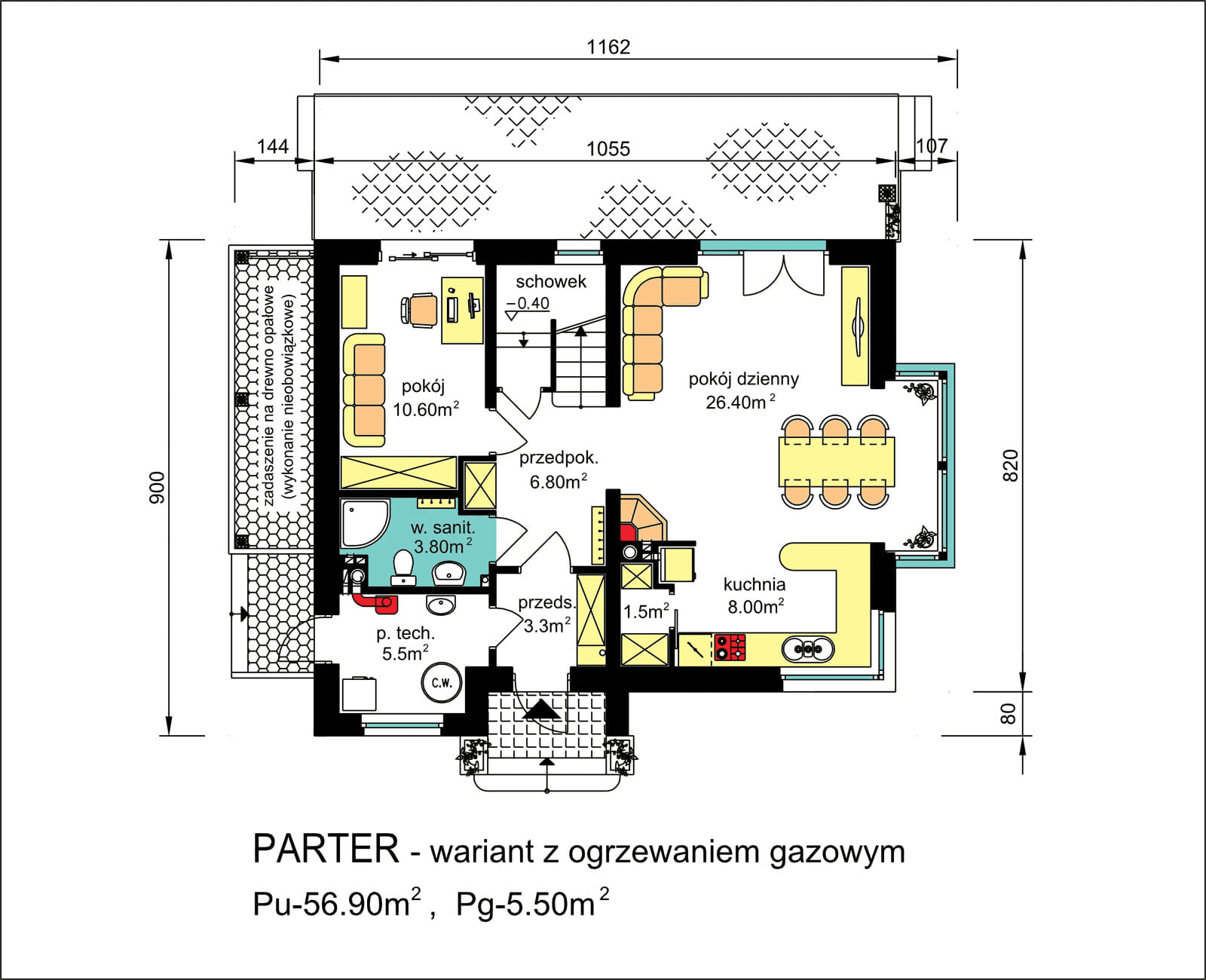 rzut parteru domu jednorodzinnego BW-36 wariant 16 bez garażu - wariant z ogrzewaniem gazowym