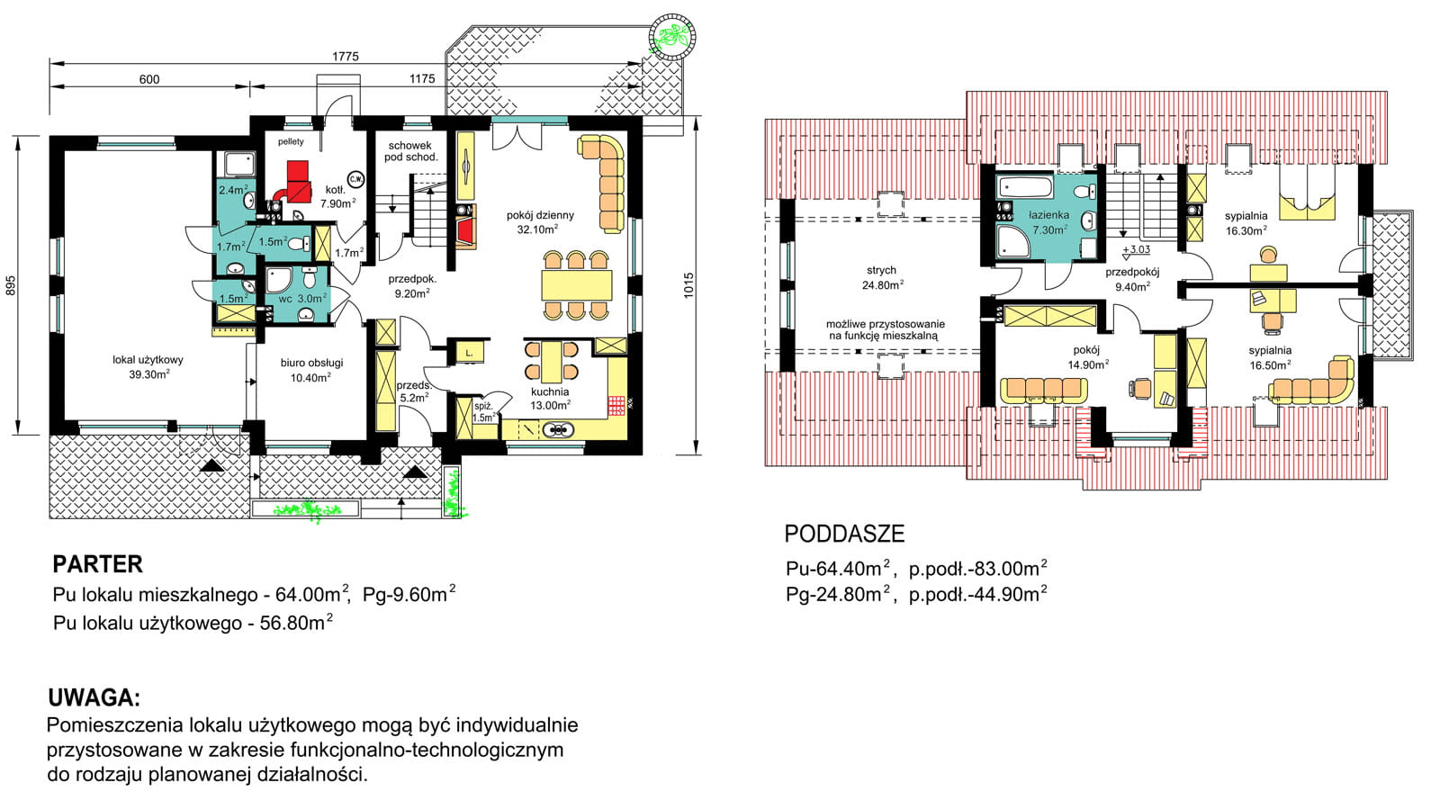 rzuty parteru oraz poddasza domu jednorodzinnego BW-37 wariant2 z lokalem