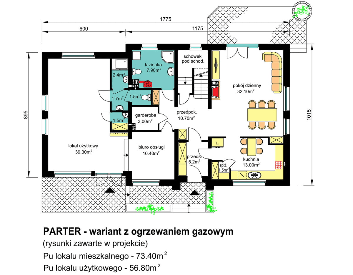 rzut parteru domu jednorodzinnego BW-37 wariant2 z lokalem - wariant z ogrzewaniem gazowym