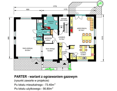 rzut parteru domu jednorodzinnego BW-37 wariant2 z lokalem - wariant z ogrzewaniem gazowym