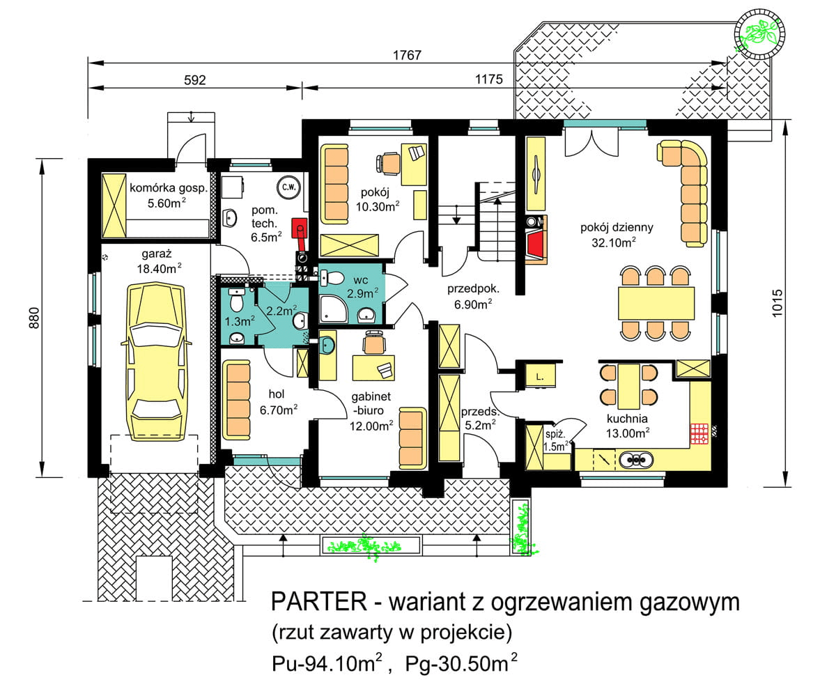 rzut parteru domu jednorodzinnego BW-37 z lokalem - wariant z ogrzewaniem gazowym