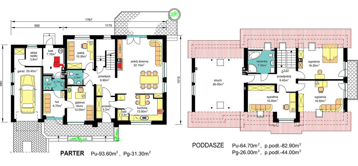 rzuty poddasza oraz parteru domu jednorodzinnego BW-37 z lokalem