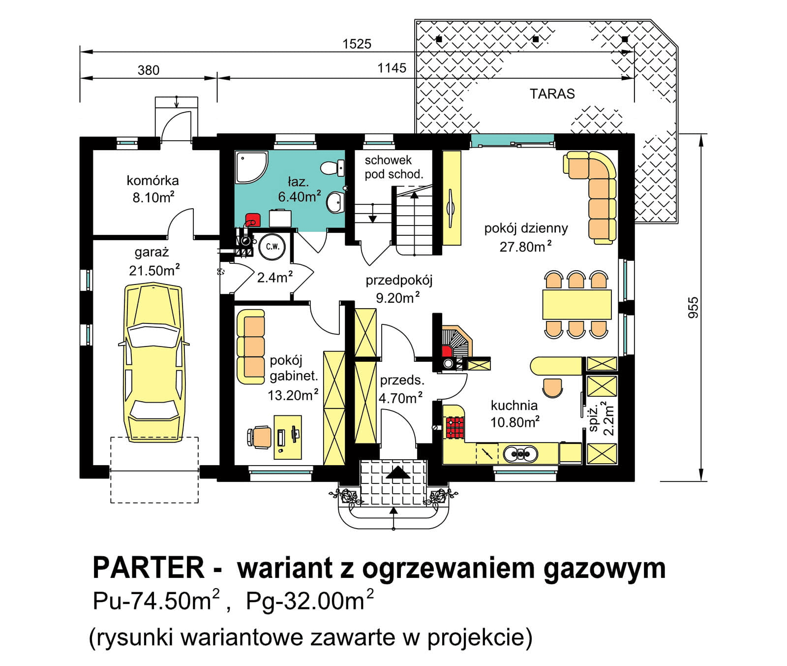 rzut parteru domu jednorodzinnego BW-44 wariant z ogrzewaniem gazowym