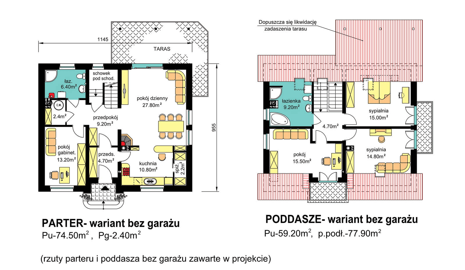 rzuty parteru oraz poddasza domu jednorodzinnego BW-44 wariant bez garażu