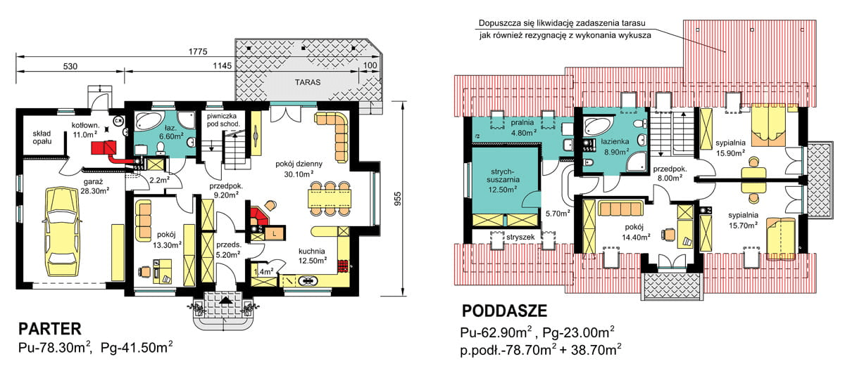 rzuty parteru oraz poddasza domu jednorodzinnego BW-44 wariant 1