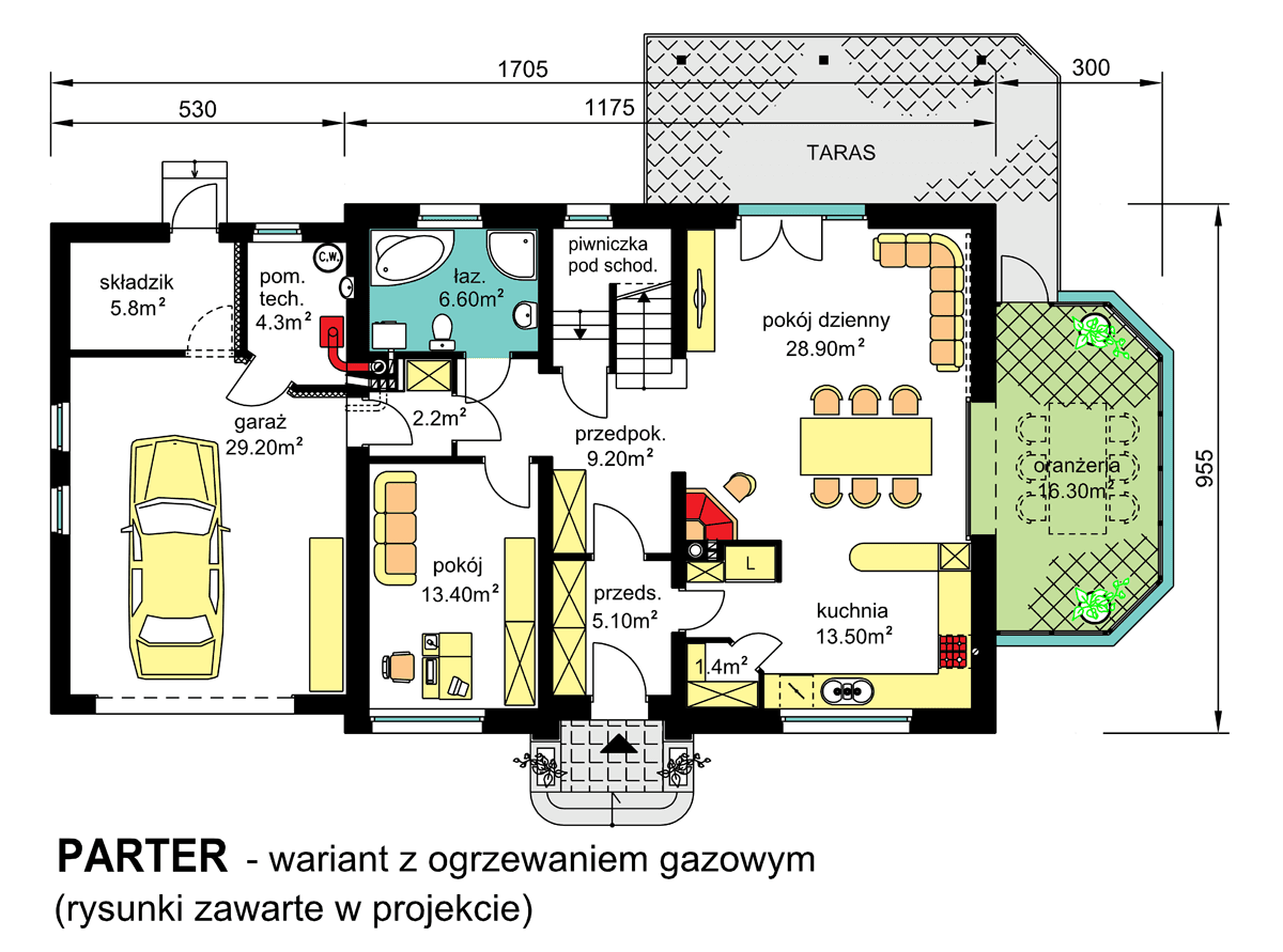 rzut parteru domu jednorodzinnego BW-44 wariant 2 z ogrzewaniem gazowym