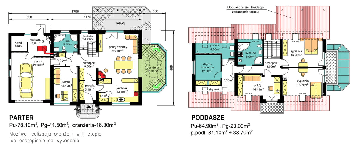 rzuty parteru oraz poddasza domu jednorodzinnego BW-44 wariant 2