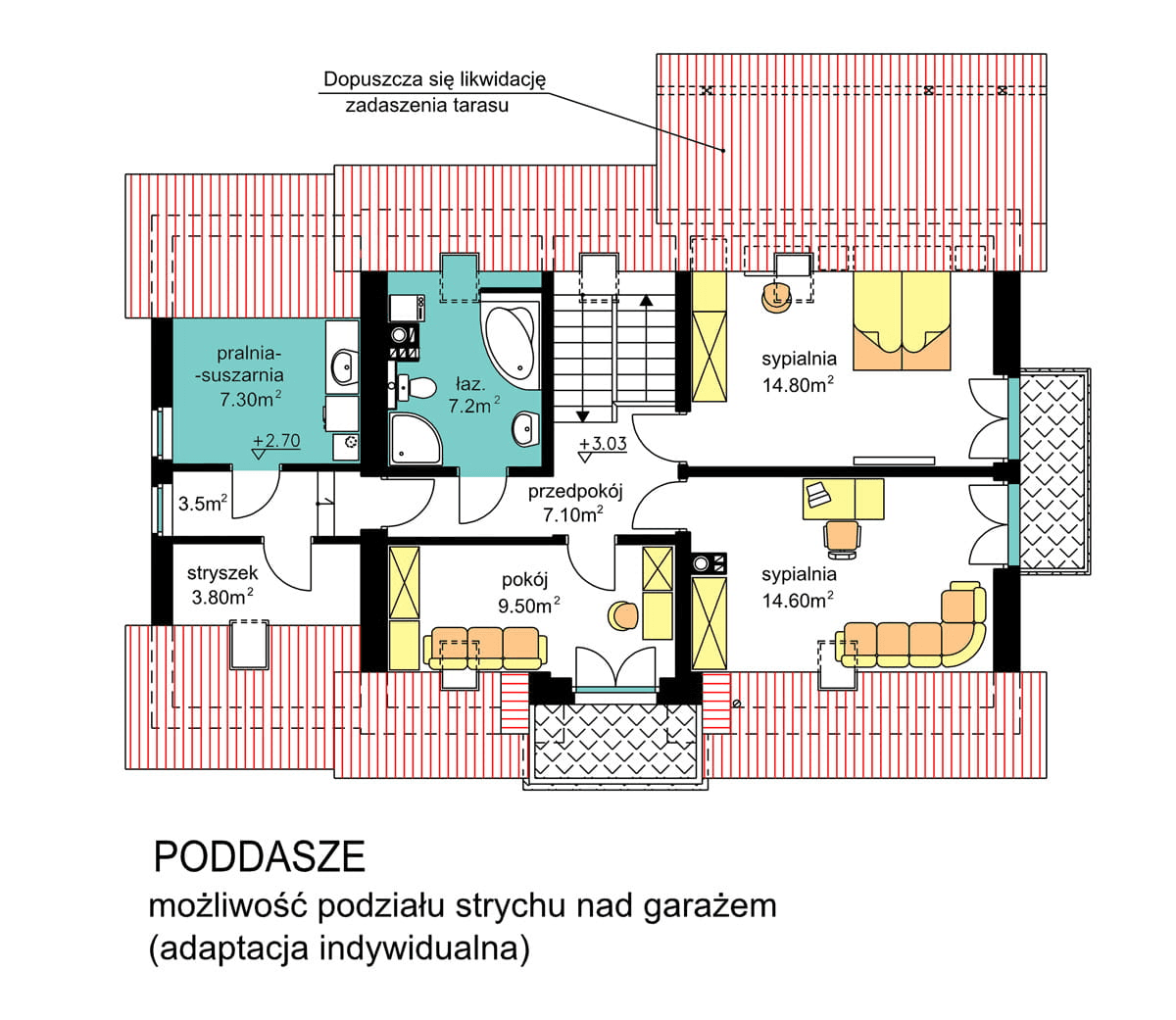 rzut poddasz domu jednorodzinnego BW-44 wariant 4 z możliwością podziału strychu nad garażem (adaptacja indywidualna)