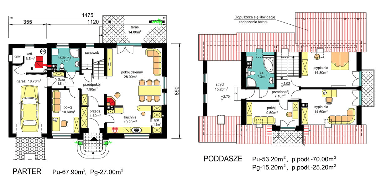rzuty parteru oraz poddasza domu jednorodzinnego BW-44 wariant 4