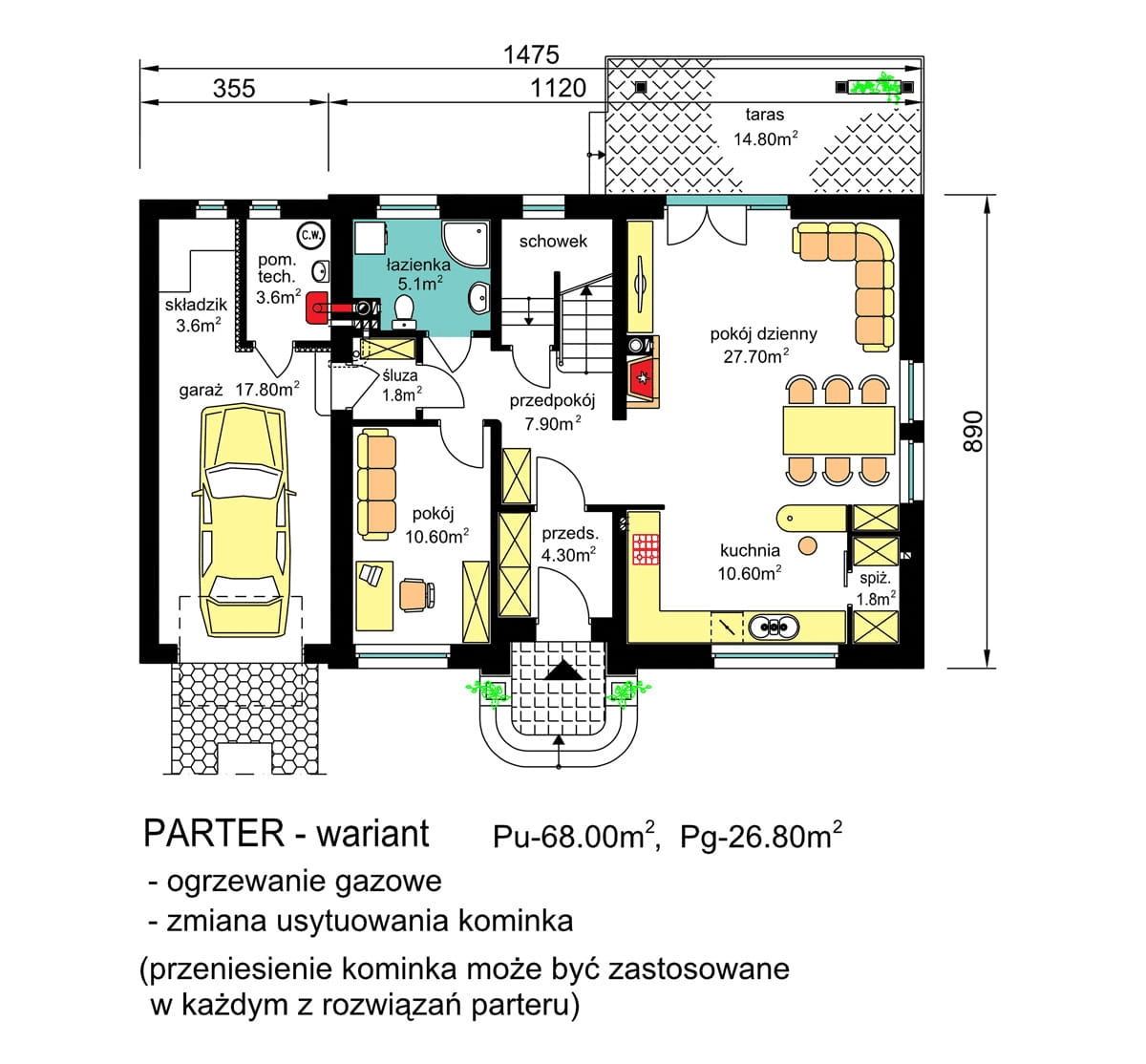 rzut parteru domu jednorodzinnego BW-44 wariant 4 z ogrzewaniem gazowym oraz zmianą usytuowania kominka
