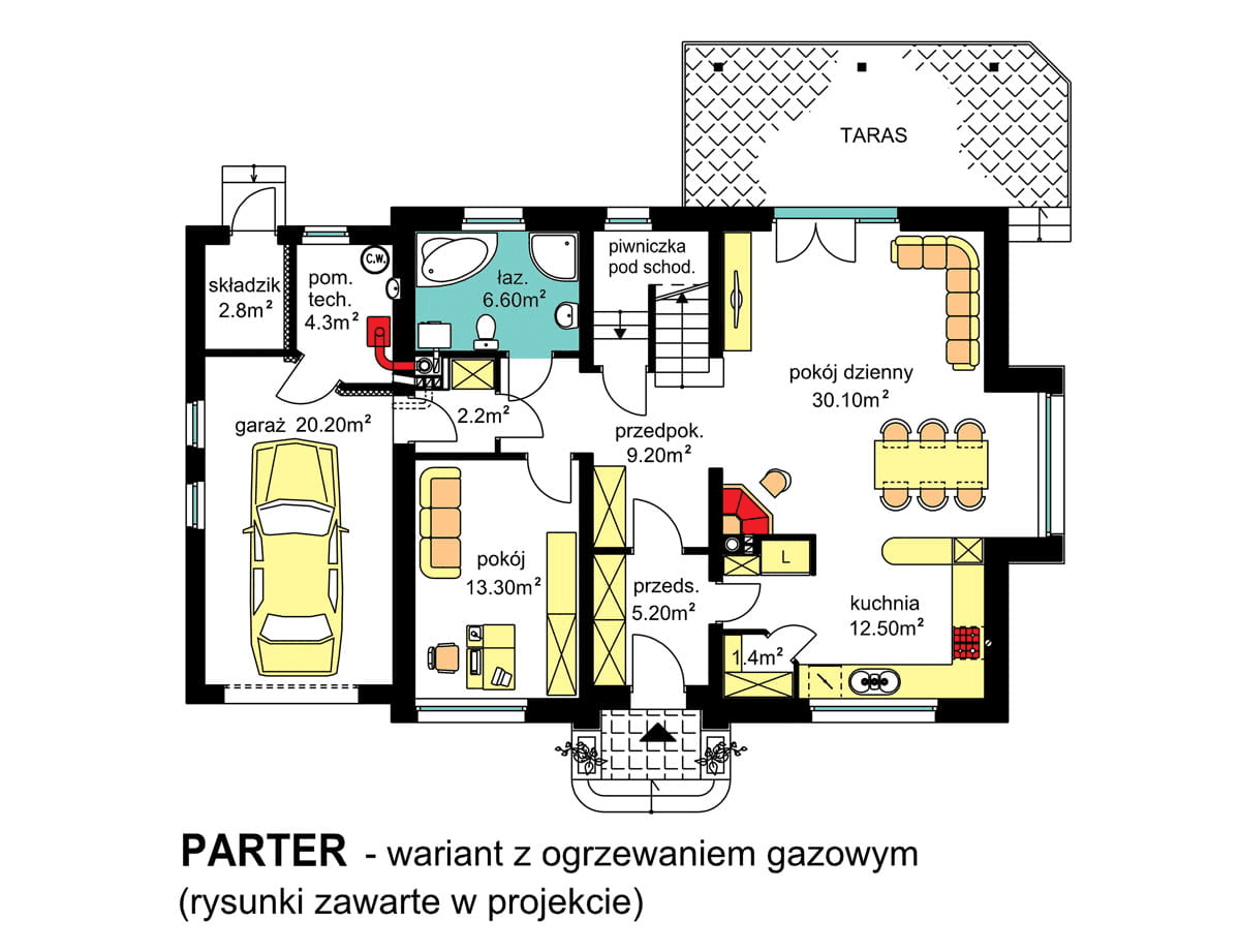 rzut parteru domu jednorodzinnego BW-44 wariant 5 z ogrzewaniem gazowym