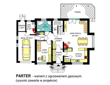 rzut parteru domu jednorodzinnego BW-44 wariant 5 z ogrzewaniem gazowym