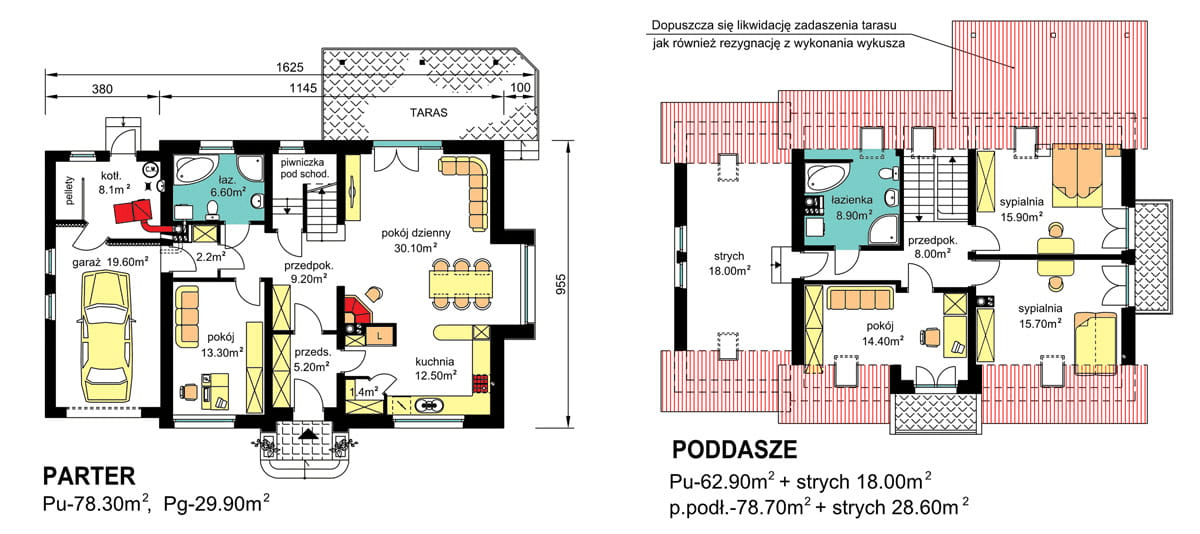 rzuty parteru oraz poddasza domu jednorodzinnego BW-44 wariant 5