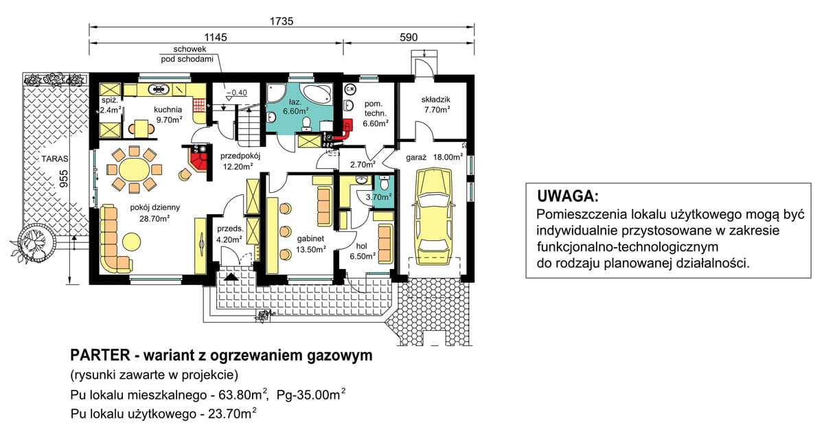 rzut parteru domu jednorodzinnego BW-44 z lokalem - wariant z ogrzewaniem gazowym