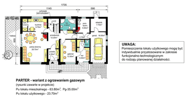 rzut parteru domu jednorodzinnego BW-44 z lokalem - wariant z ogrzewaniem gazowym