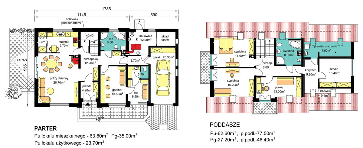 rzuty parteru oraz poddasza domu jednorodzinnego BW-44 z lokalem