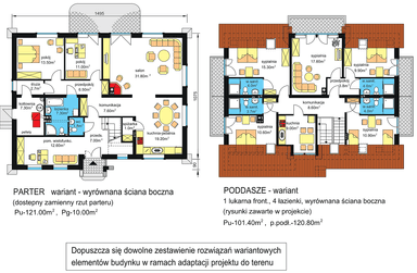 rzuty parteru oraz poddasza domu jednorodzinnego BW-45 agroturystyczny, z wyrównaniem ściany bocznej
