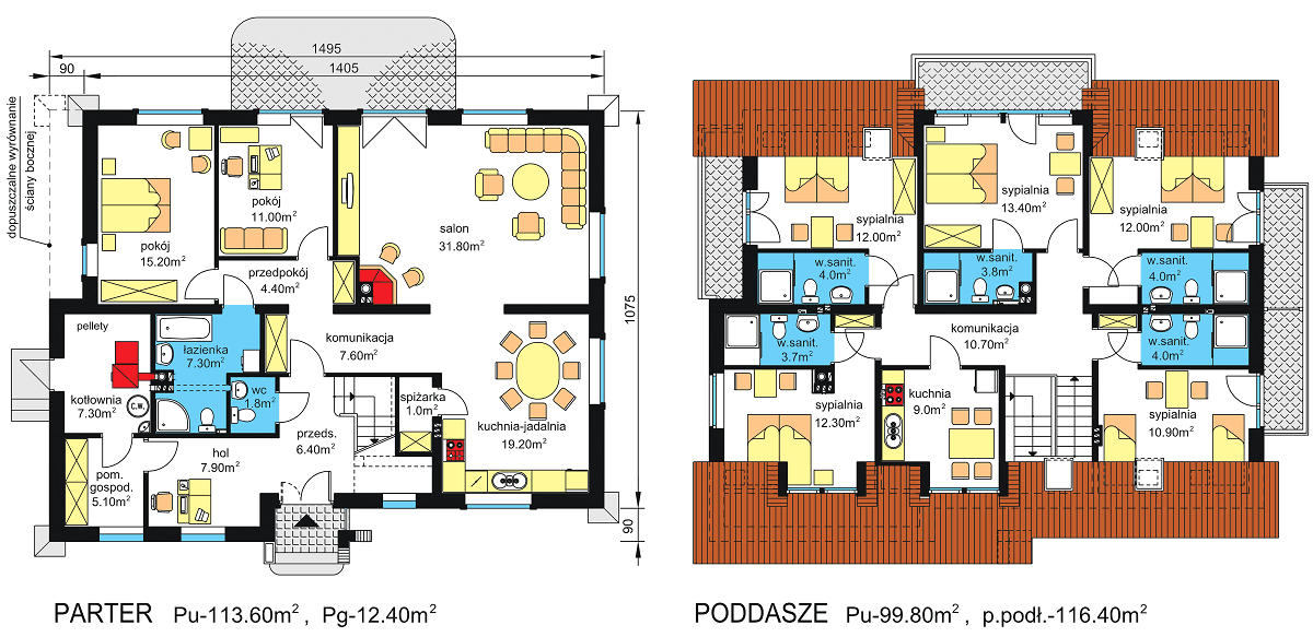 rzuty parteru oraz poddasza domu jednorodzinnego BW-45 agroturystyczny