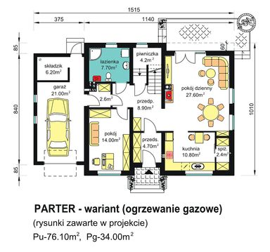 rzut parteru domu jednorodzinnego BW-46 wariant z ogrzewaniem gazowym