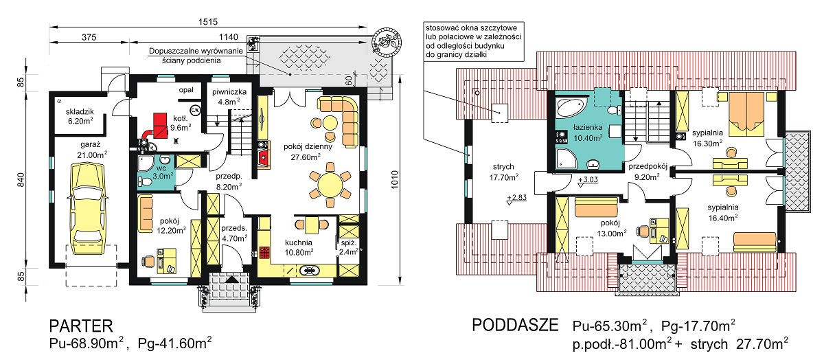 rzuty parteru oraz poddasza domu jednorodzinnego BW-46