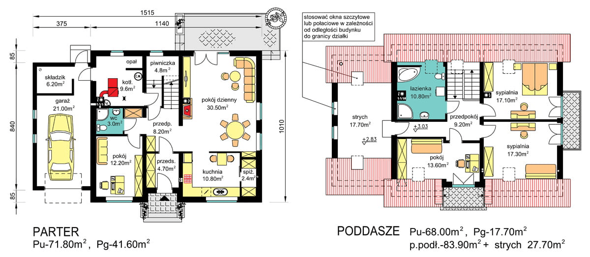rzuty parteru oraz poddasza domu jednorodzinnego BW-46 wariant