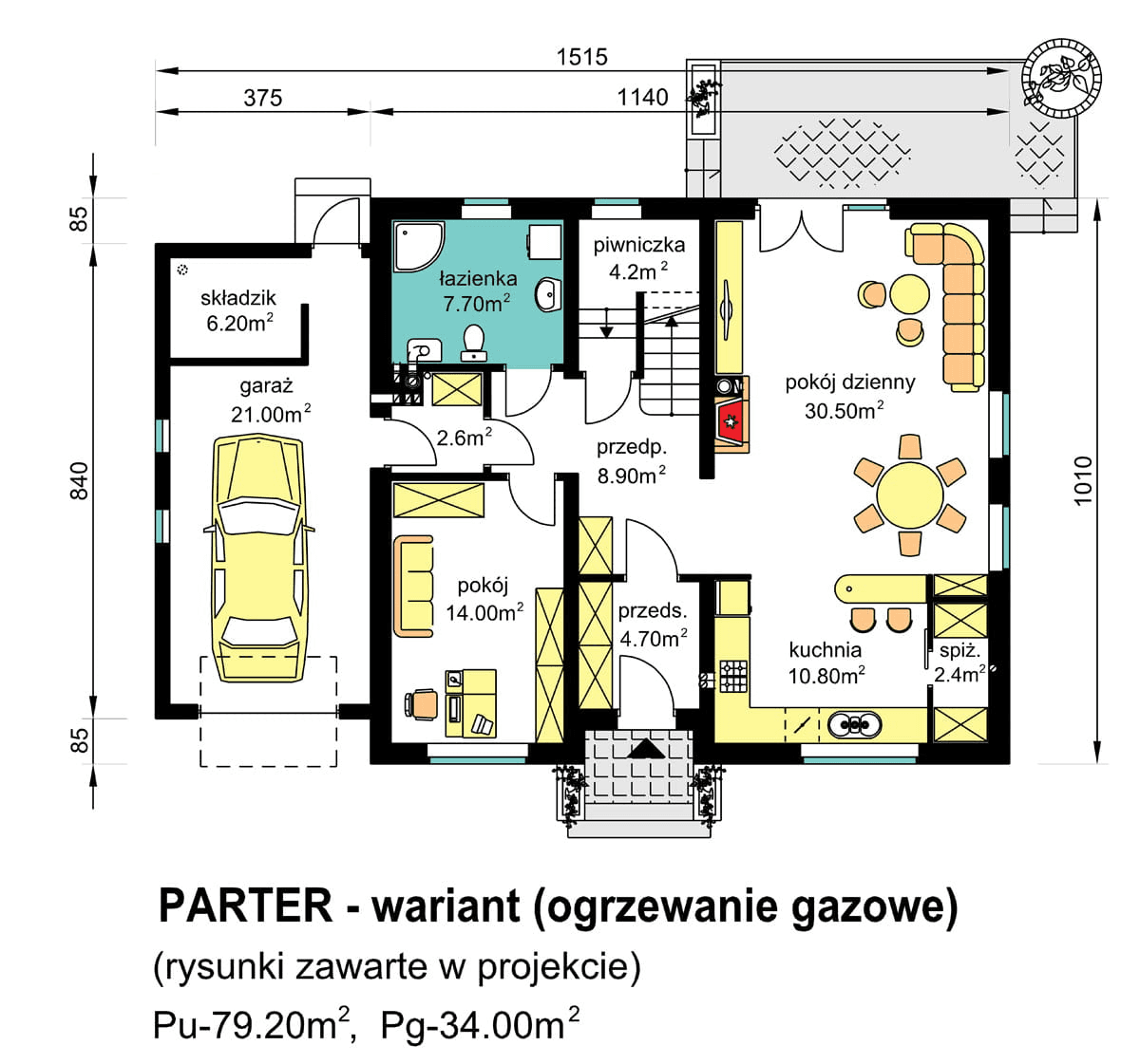 rzut parteru domu jednorodzinnego BW-46 wariant z ogrzewaniem gazowym