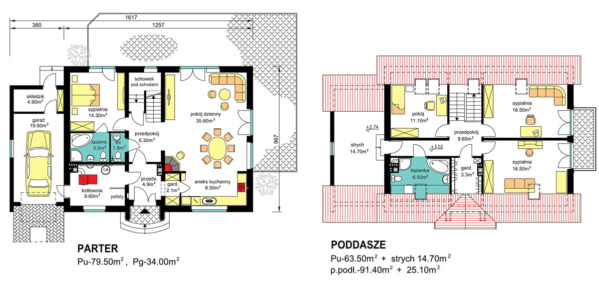 rzuty parteru oraz poddasza domu jednorodzinnego BW-48 war. 1 front południowy