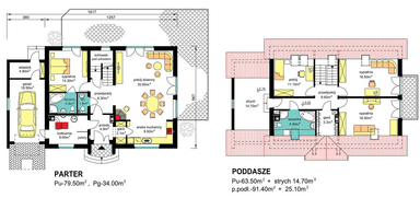 rzuty parteru oraz poddasza domu jednorodzinnego BW-48 wariant 1