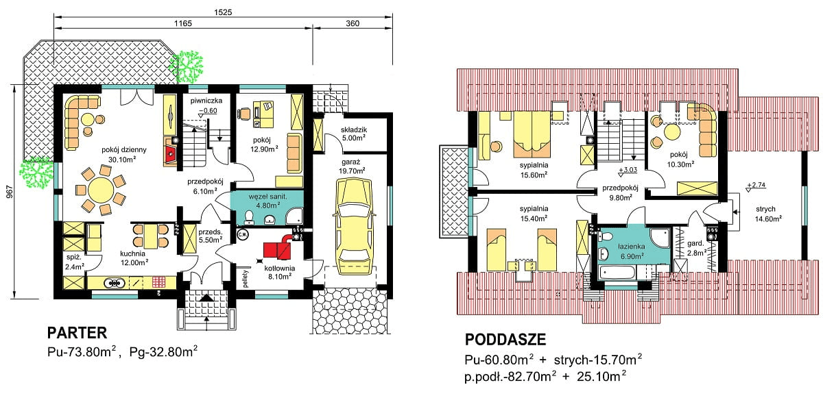 rzuty parteru oraz poddasza domu jednorodzinnego BW-48 wariant 2