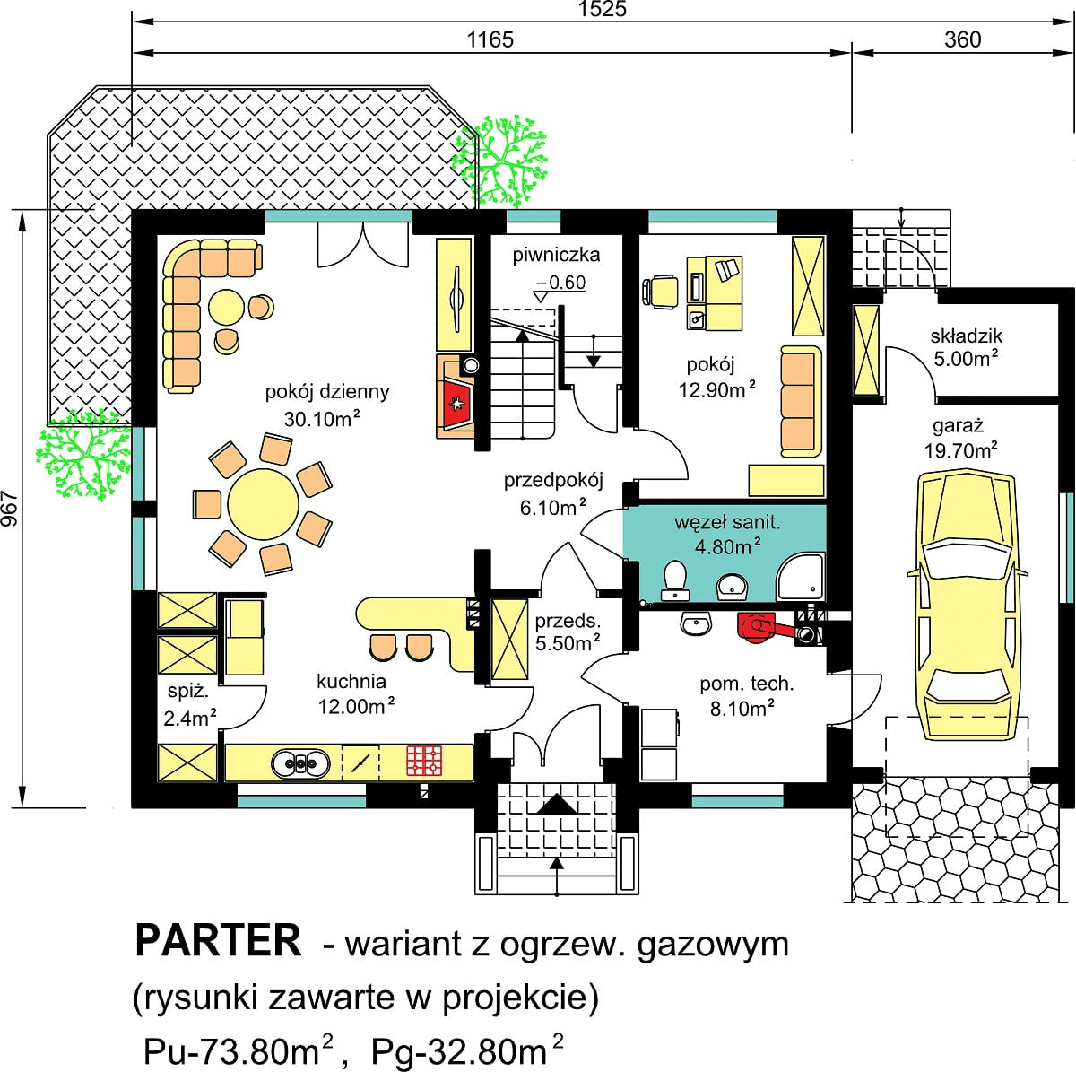 rzut parteru domu jednorodzinnego BW-48 wariant 2 - opcja z ogrzewaniem gazowym