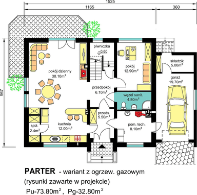 rzut parteru domu jednorodzinnego BW-48 wariant 2 z ogrzewaniem gazowym