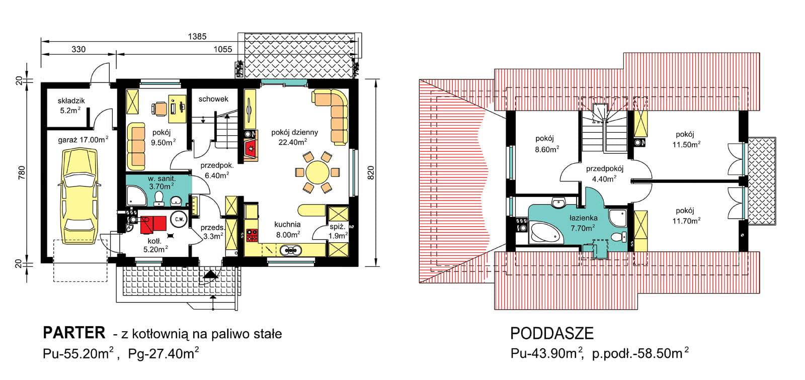 rzuty parteru oraz poddasza domu jednorodzinnego BW-49