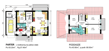 rzuty parteru oraz poddasza domu jednorodzinnego BW-49