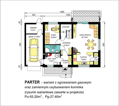 rzut parteru domu jednorodzinnego BW-49 - wariant z ogrzewaniem gazowym