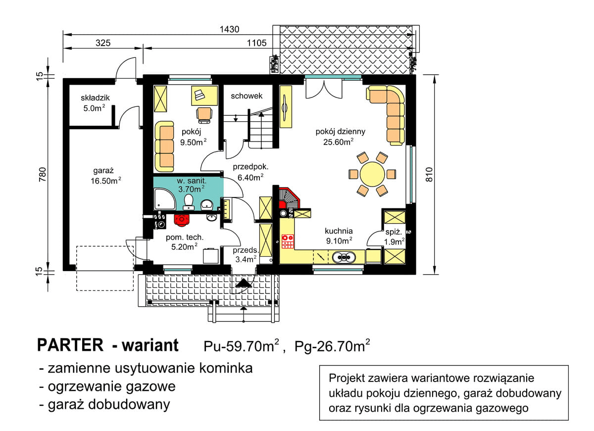 rzut parteru domu jednorodzinnego BW-49 war.6 z garażem - zamienne usytuowanie kominka