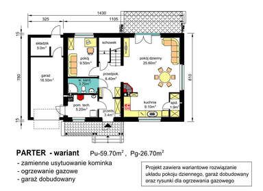 rzut parteru domu jednorodzinnego BW-49 war.6 z garażem - zamienne usytuowanie kominka